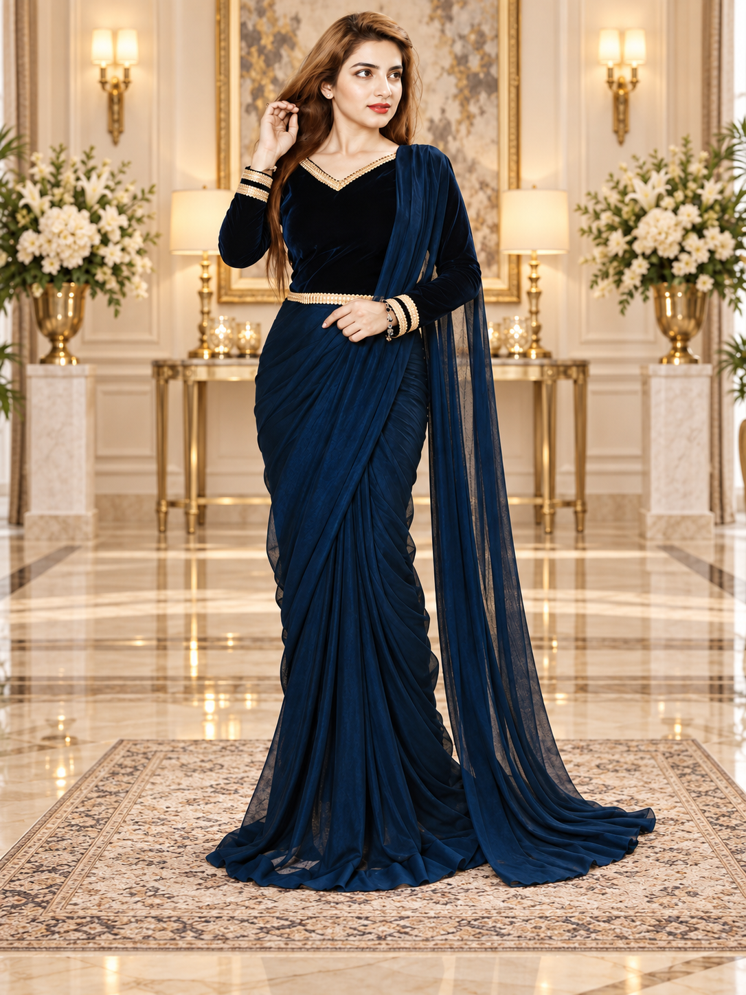 Stitched Navy Blue Saree