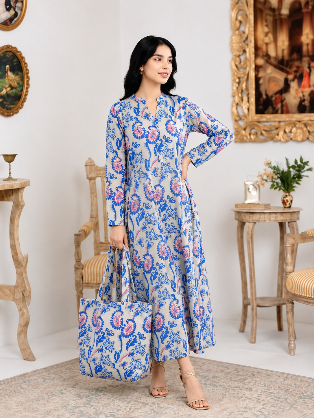 Women’s Stylish Printed Maxi With Bag