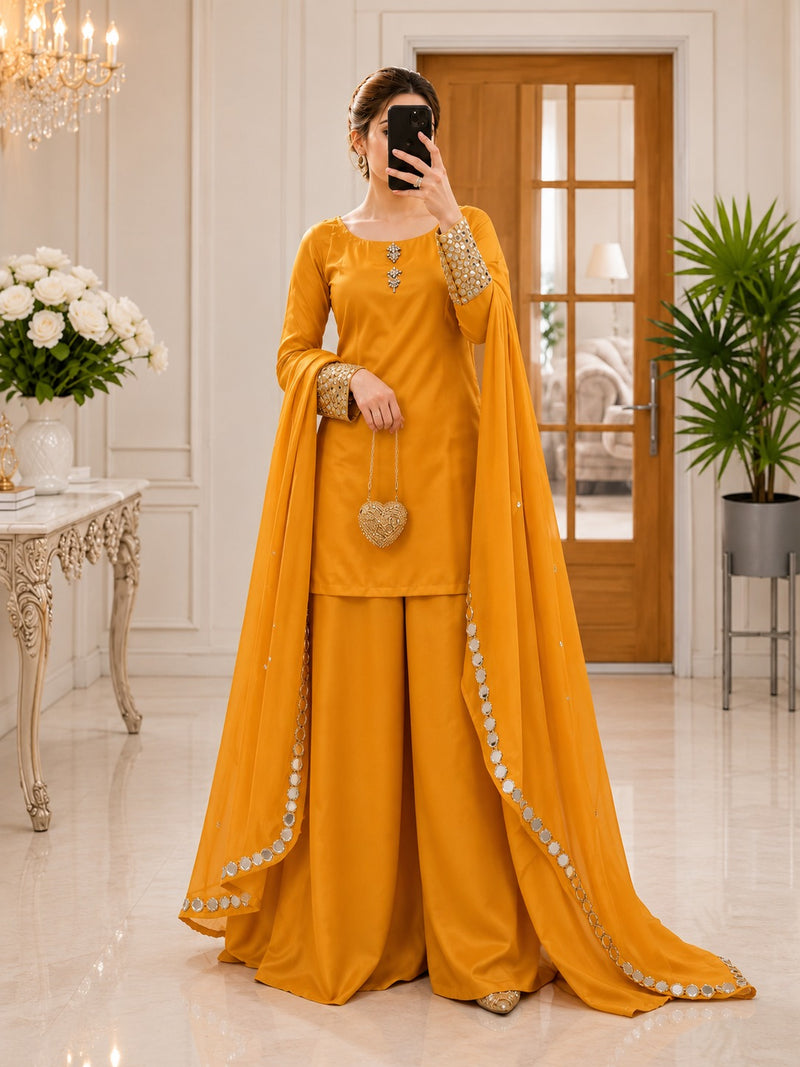 Mustard Dress Draped In Sequin