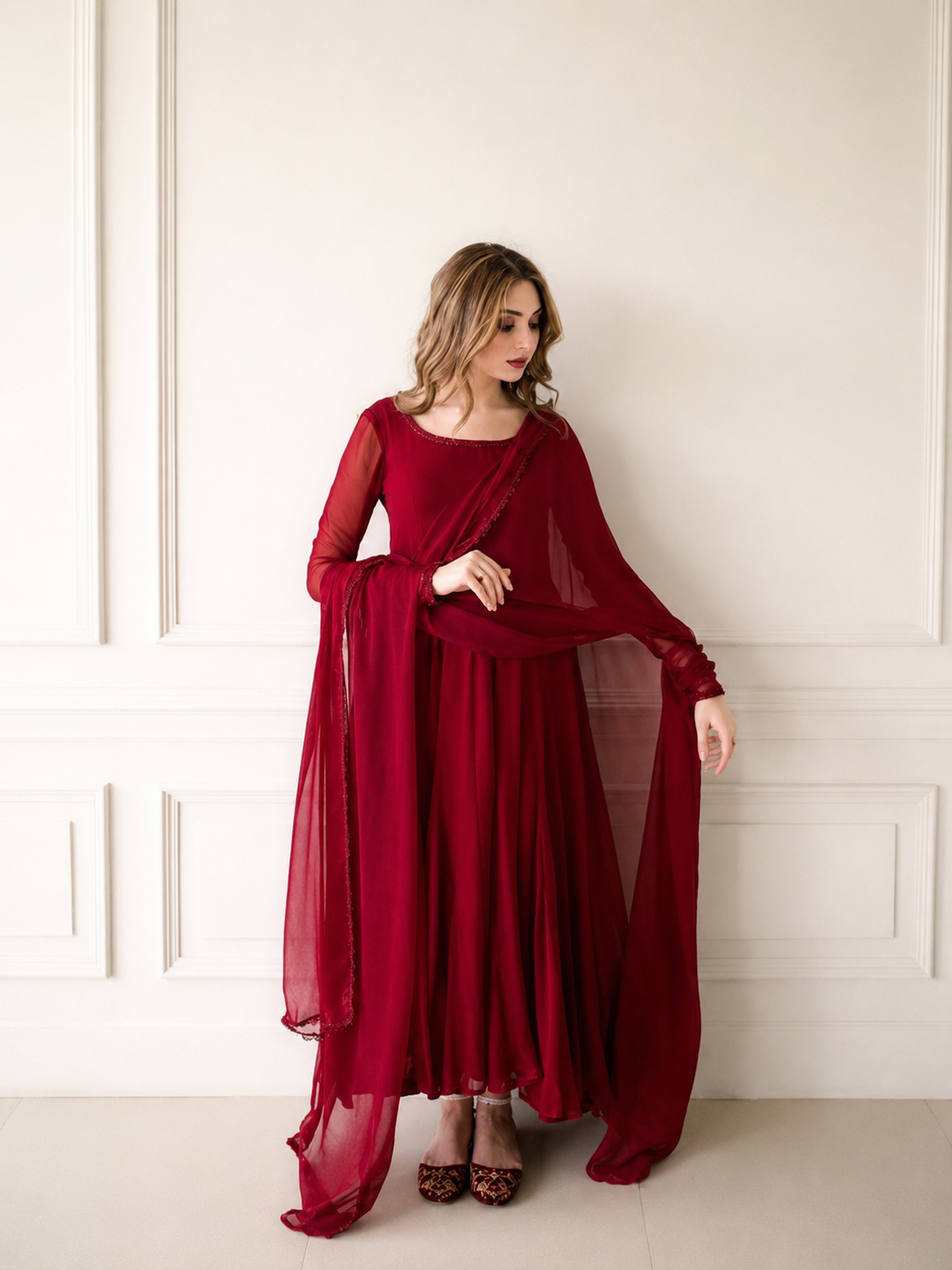 Reddish Maroon Chiffon Maxi With Dupatta