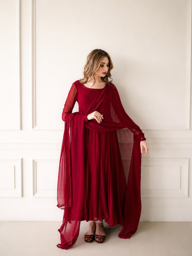 Reddish Maroon Chiffon Maxi With Dupatta