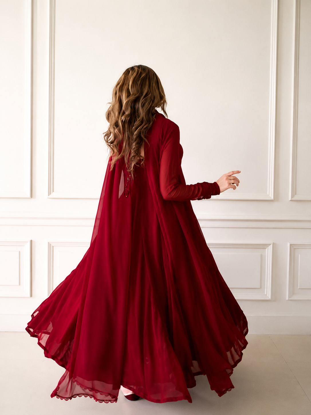 Reddish Maroon Chiffon Maxi With Dupatta