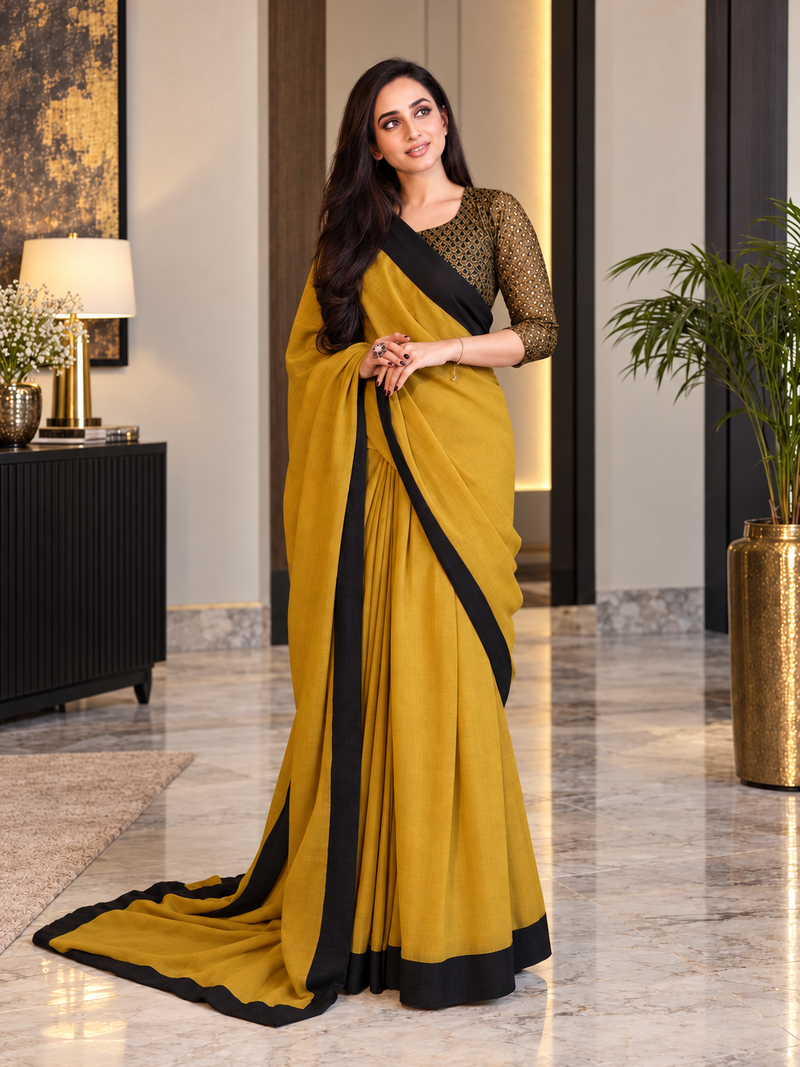 Golden Chiffon Saree With Black Contrast & Long Pallu