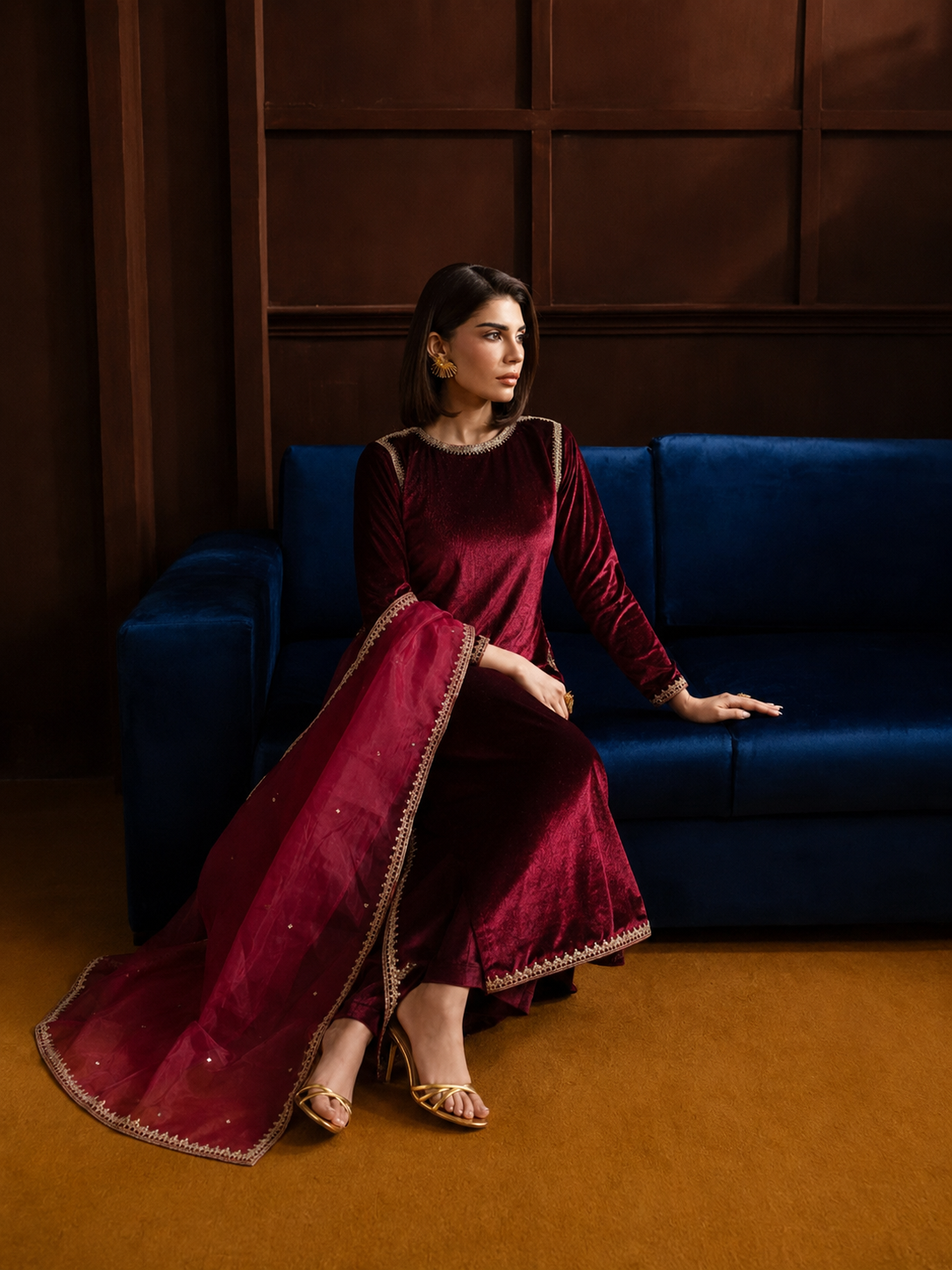 Women’s Maroon Velvet Dress (03 Piece)