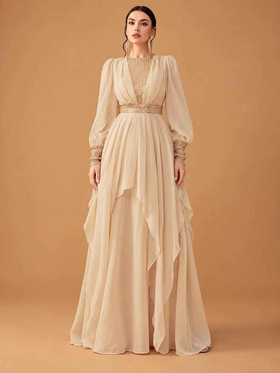 Golden Chiffon & Sequin Maxi
