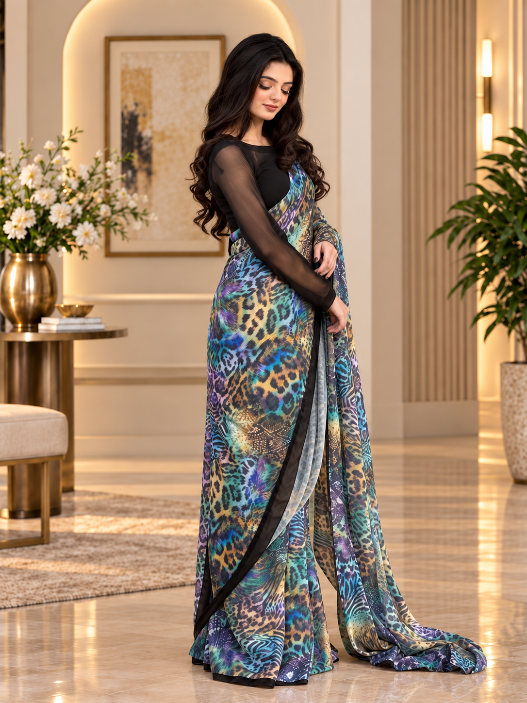 Stitched Printed Chiffon Saree