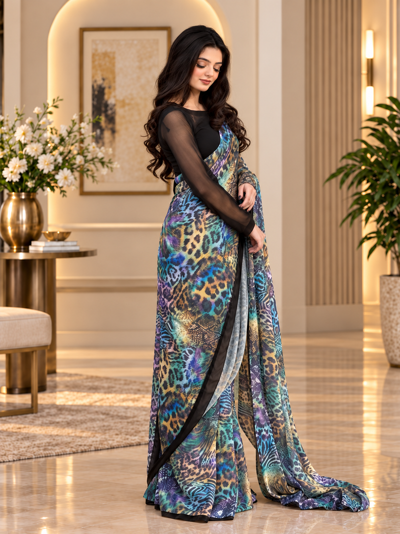 Stitched Printed Chiffon Saree