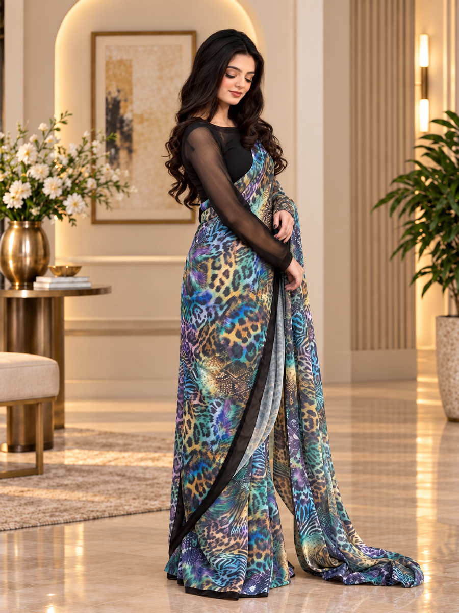 Stitched Printed Chiffon Saree