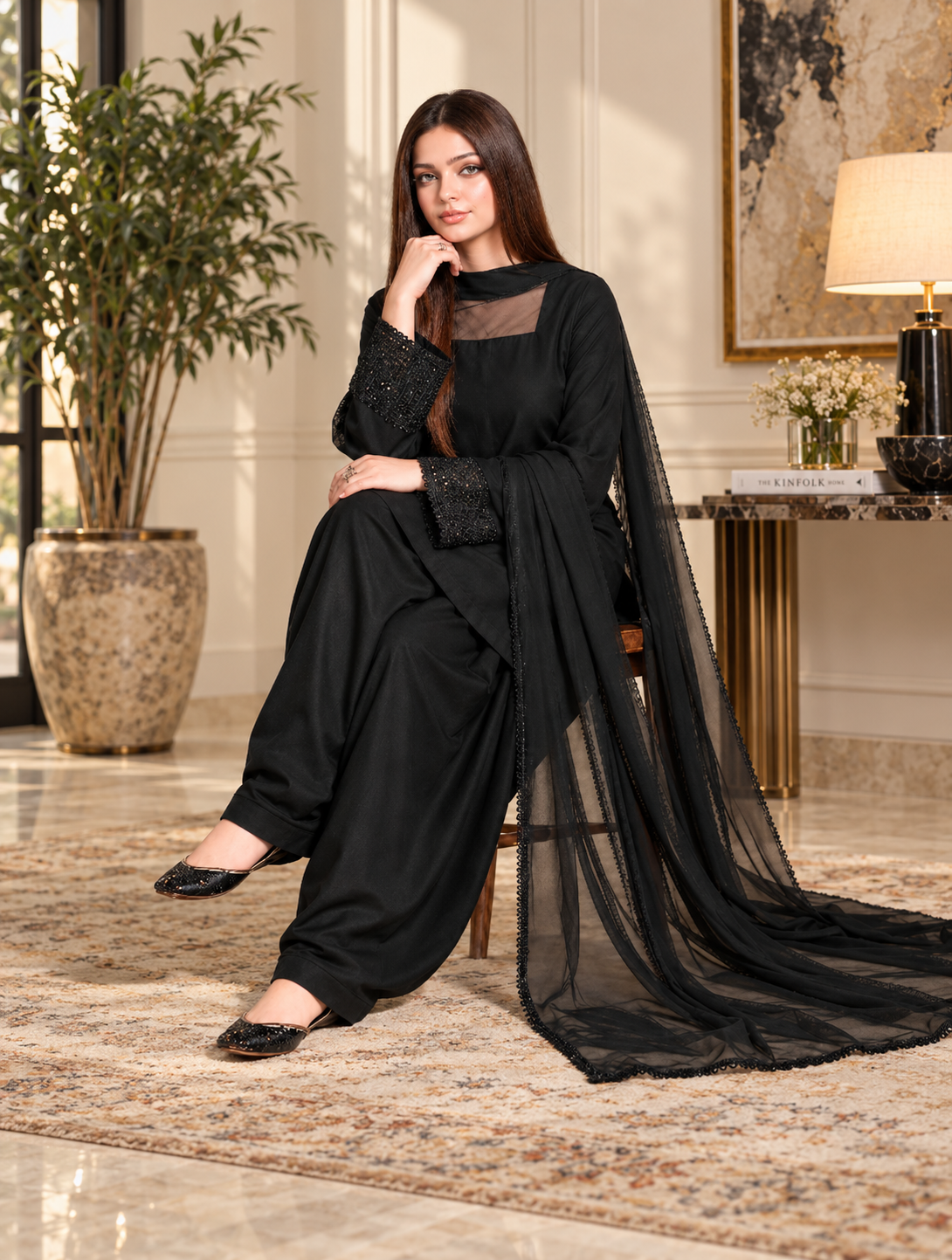 Black Stylish Farshi Dress (03 Piece)