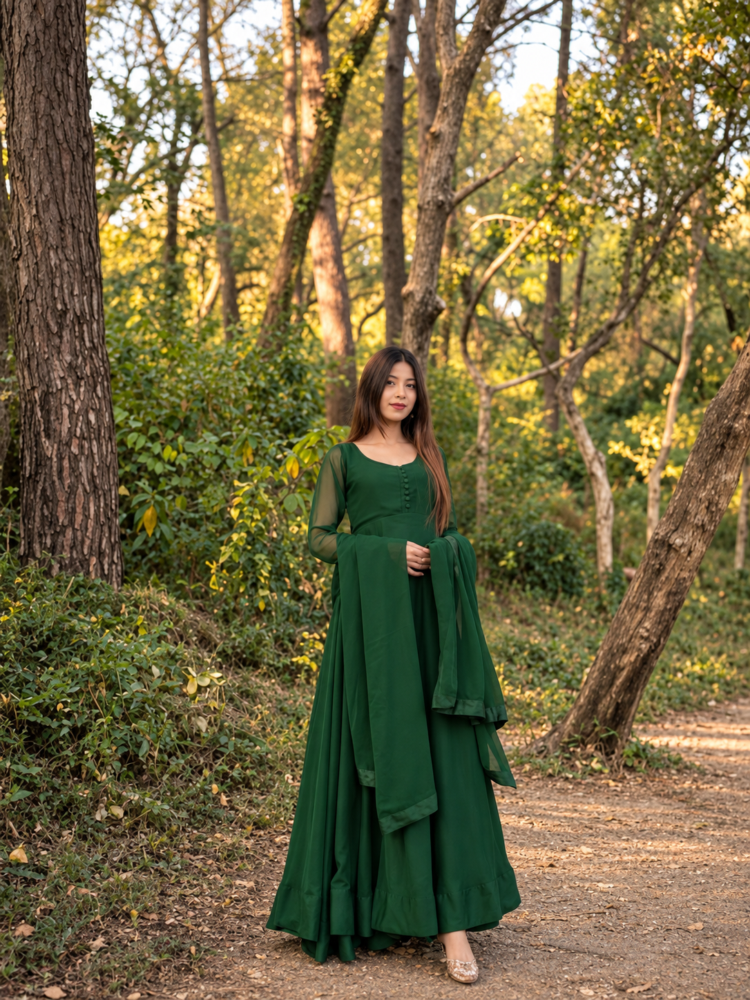 Bottle Green Heavy Flare Maxi With Dupatta