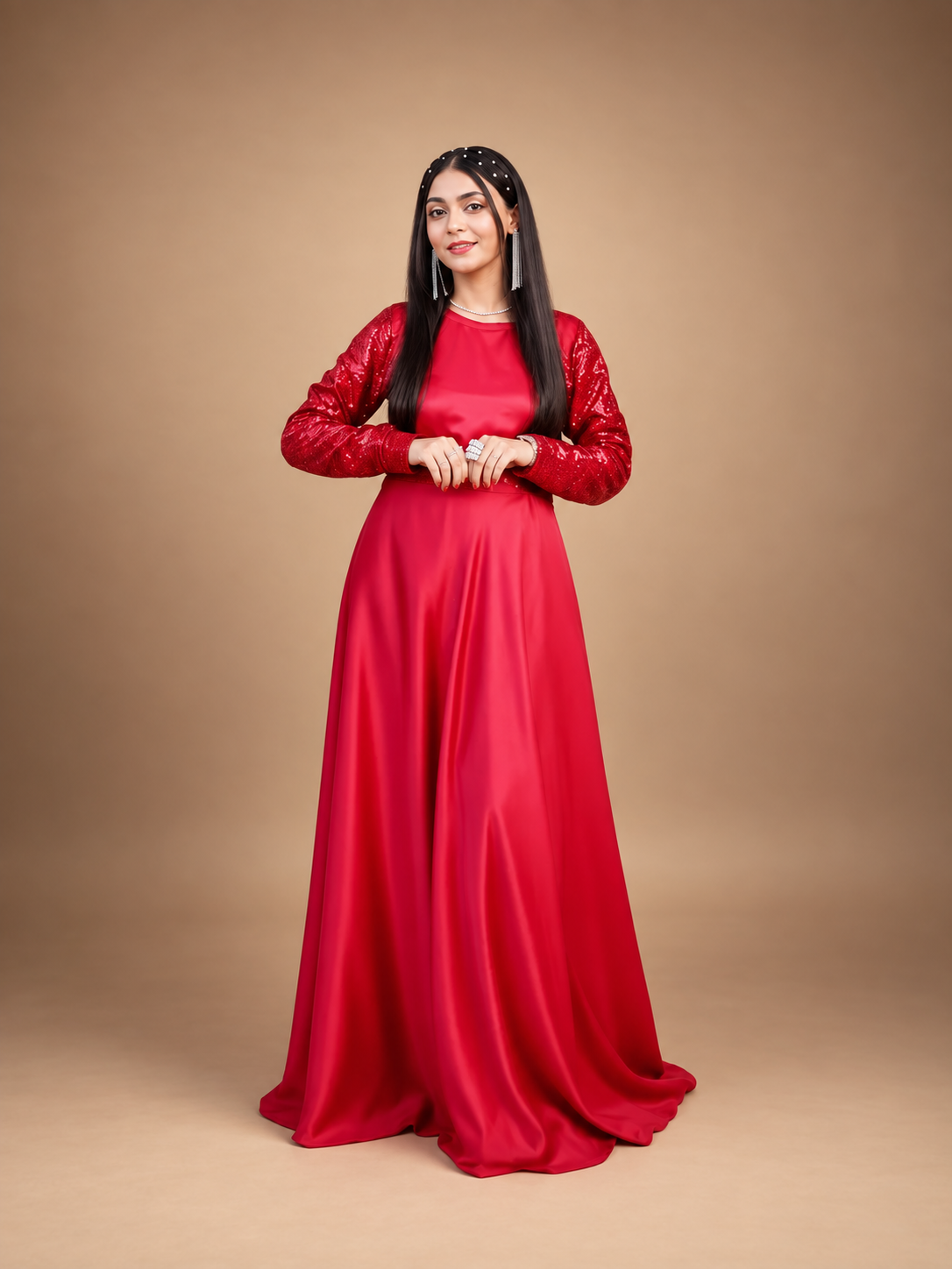 Reddish Maroon Sequin Details Maxi On Silk