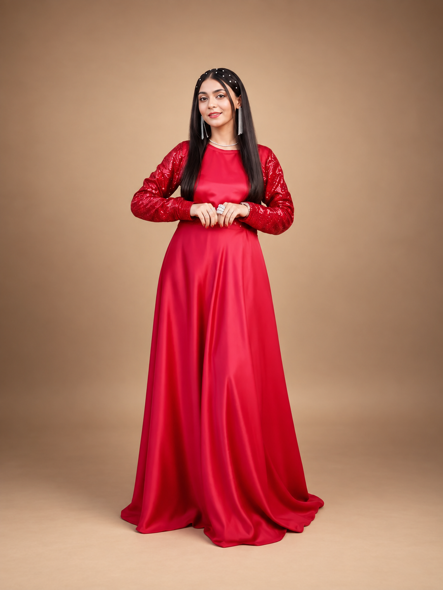 Reddish Maroon Sequin Details Maxi On Silk