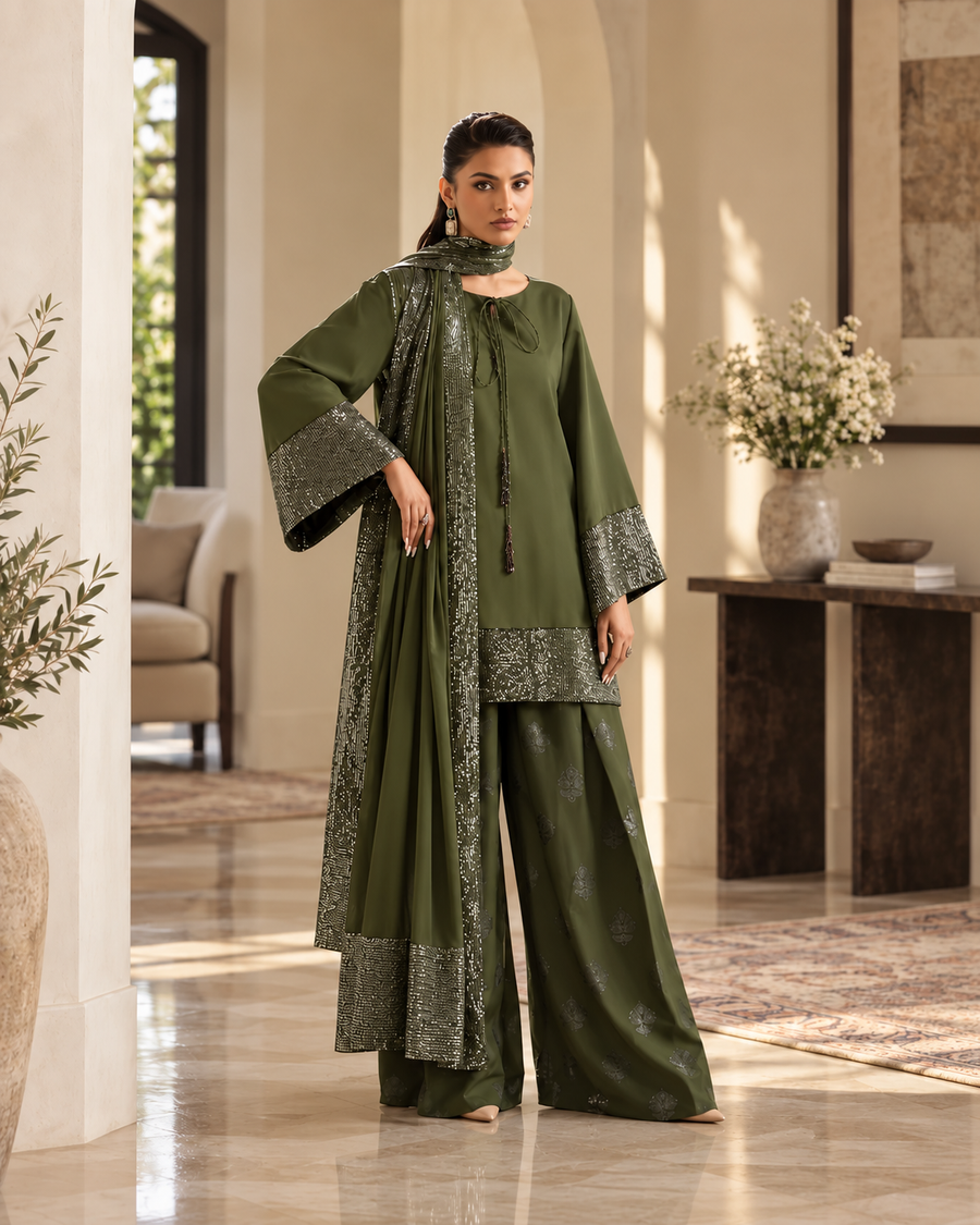 Women’s Green Silk & Sequin Farshi Dress (03 Piece)