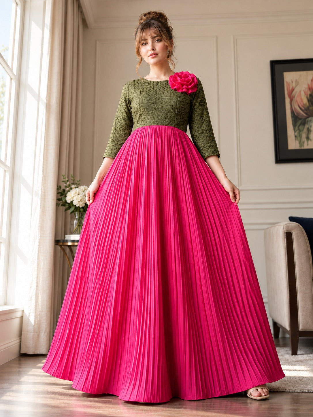 Color Contrasted 3D Flower Maxi