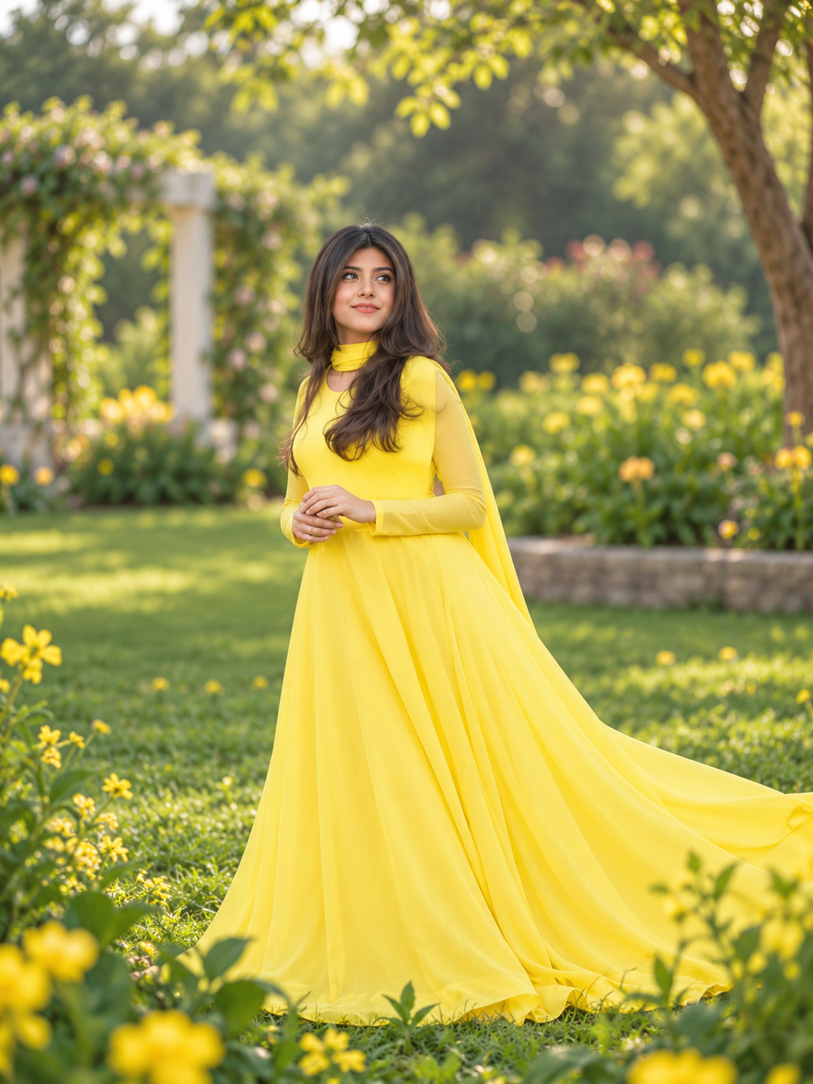 Lemon Chiffon Heavy Flare Maxi With Dupatta