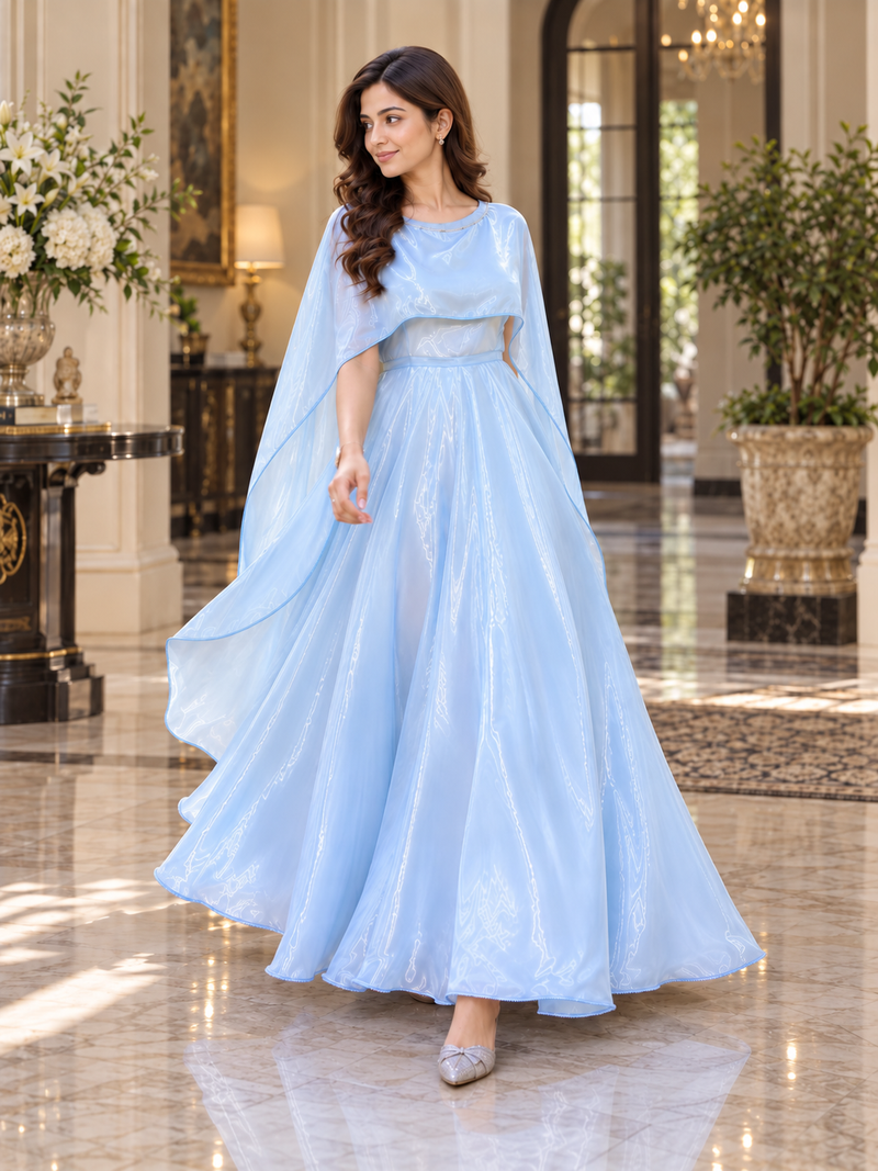 Stylish Ice Blue Maxi With Attached Dupatta