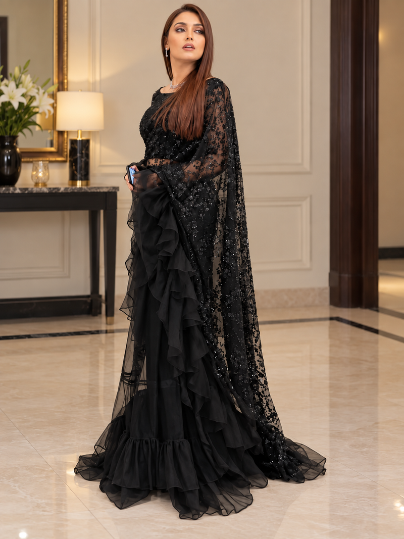 Black Fancy Chiffon Frill Saree