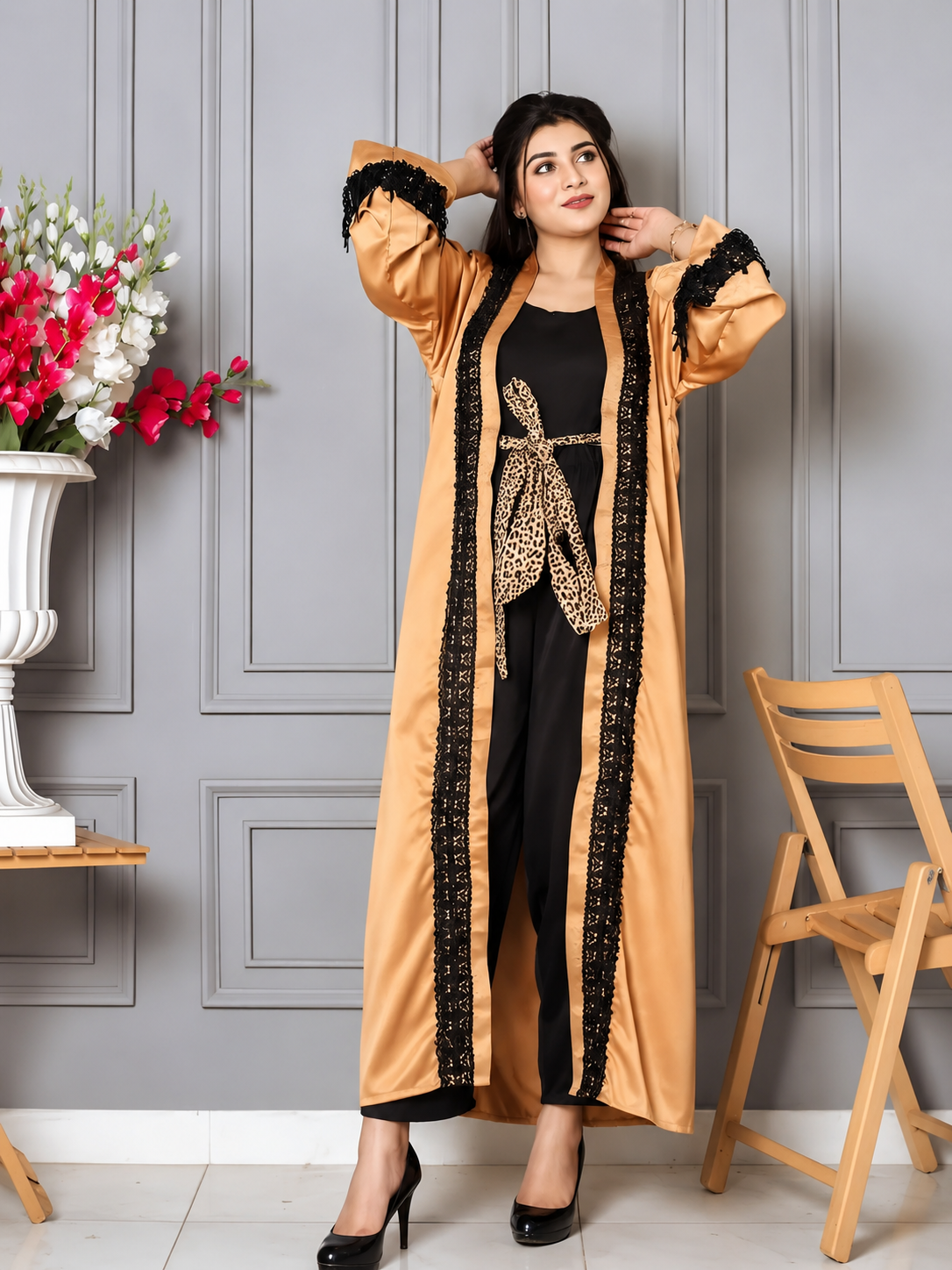 Black Jumpsuit With Golden Upper & Cheetah Belt