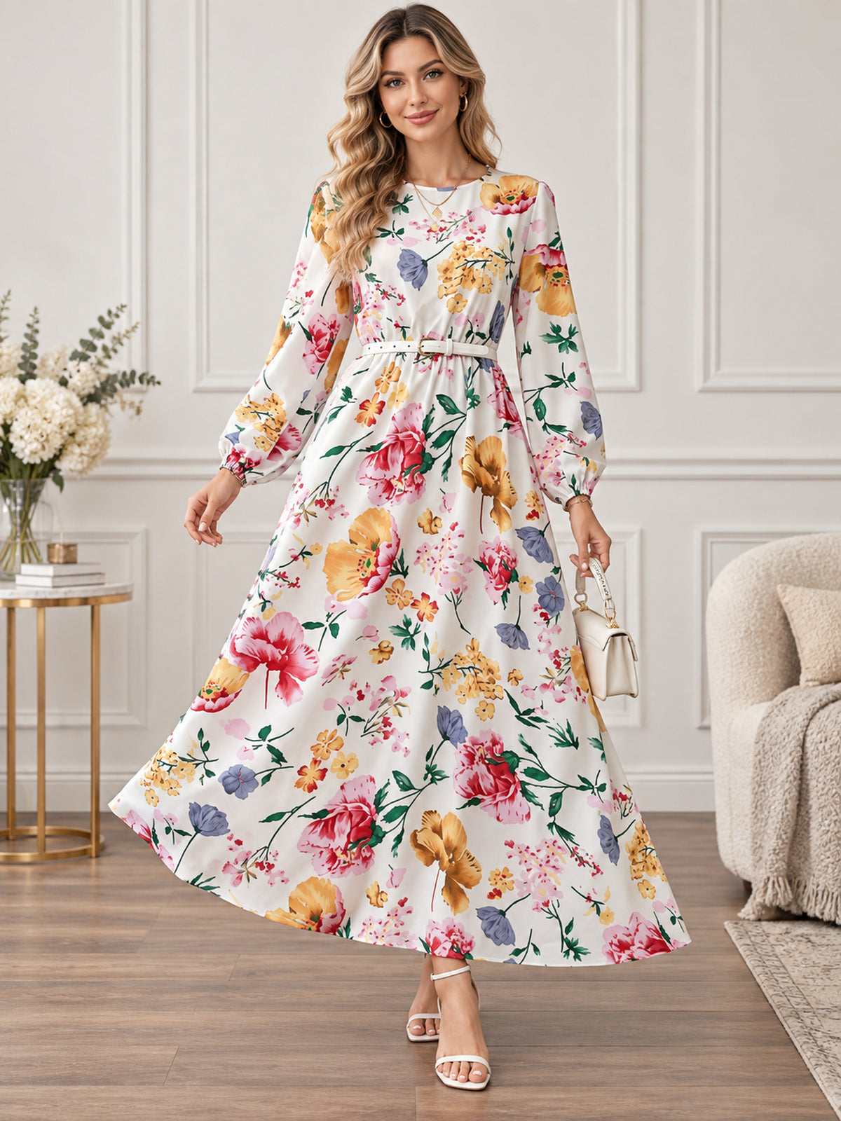 Women’s Floral Print Lantern Sleeves Maxi