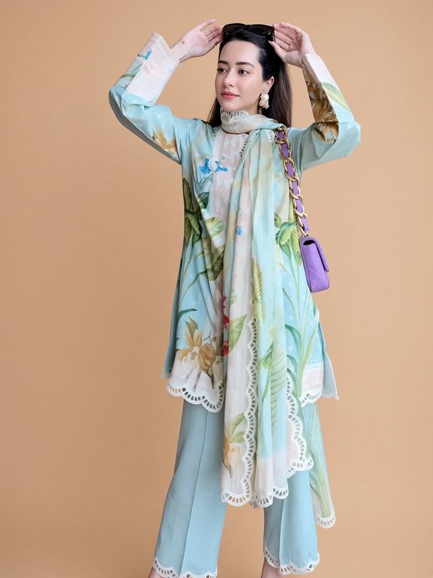 Women’s Blue Printed Dress (03 Piece)