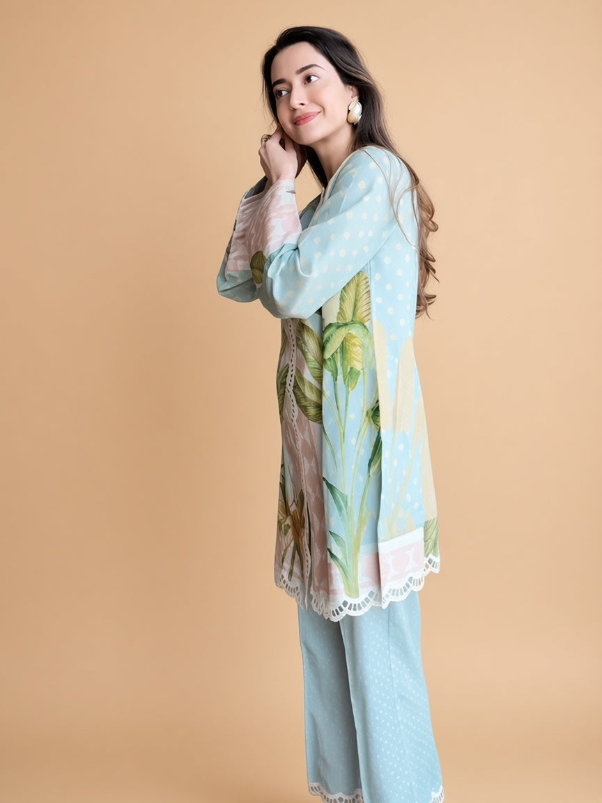 Women’s Blue Printed Dress (03 Piece)