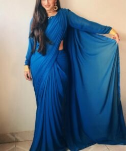 Saphire Blue Chiffon Saree With Golden Sequin Touch