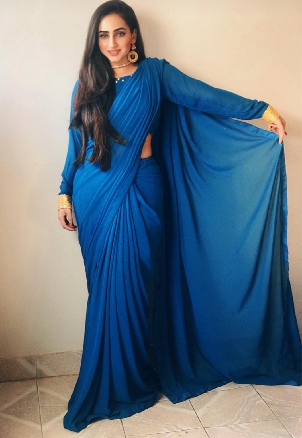 Saphire Blue Chiffon Saree With Golden Sequin Touch – Faash Wear