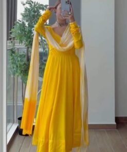 Yellow Chiffon Anarkali Dress (03 Piece)