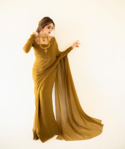 Stitched Golden Brown Chiffon Saree