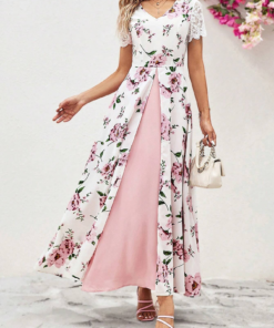 Women's Floral Print Short Sleeves Maxi