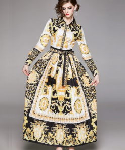 Women's Vintage Print Collar Tie Maxi