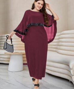 Maroon Maxi With Cape & Sequin Touch