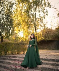 Bottle Green Heavy Flare Maxi With Duppatta