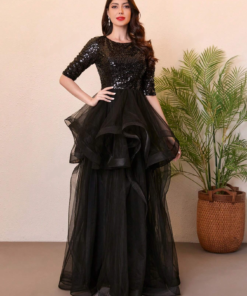 Women's Sequin Short Sleeves Tulle Puff Maxi