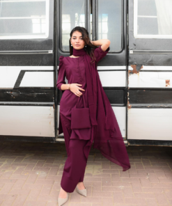 Women's Maroon Dress With Bow & Bag (05 Piece)
