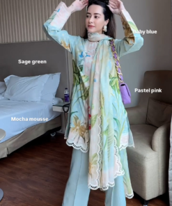 Women's Blue Printed Dress (03 Piece)