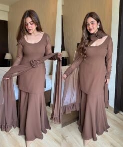Women's Brown Chiffon 3D Flower Dress (03 Piece)