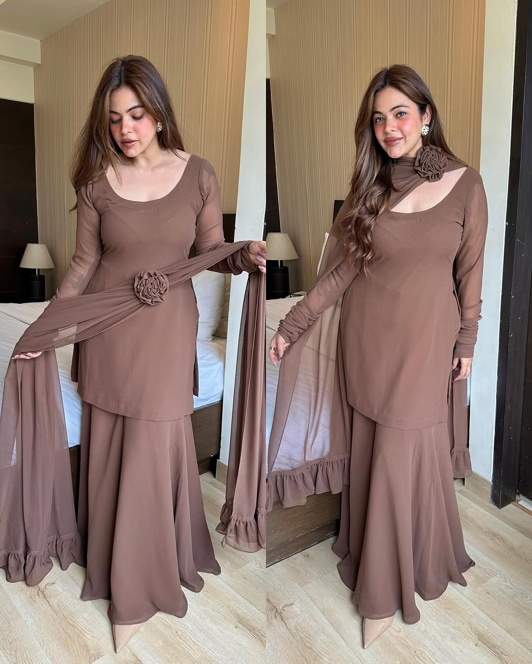 Women's Brown Chiffon 3D Flower Dress (03 Piece)