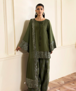 Women's Green Silk & Sequin Farshi Dress (03 Piece)