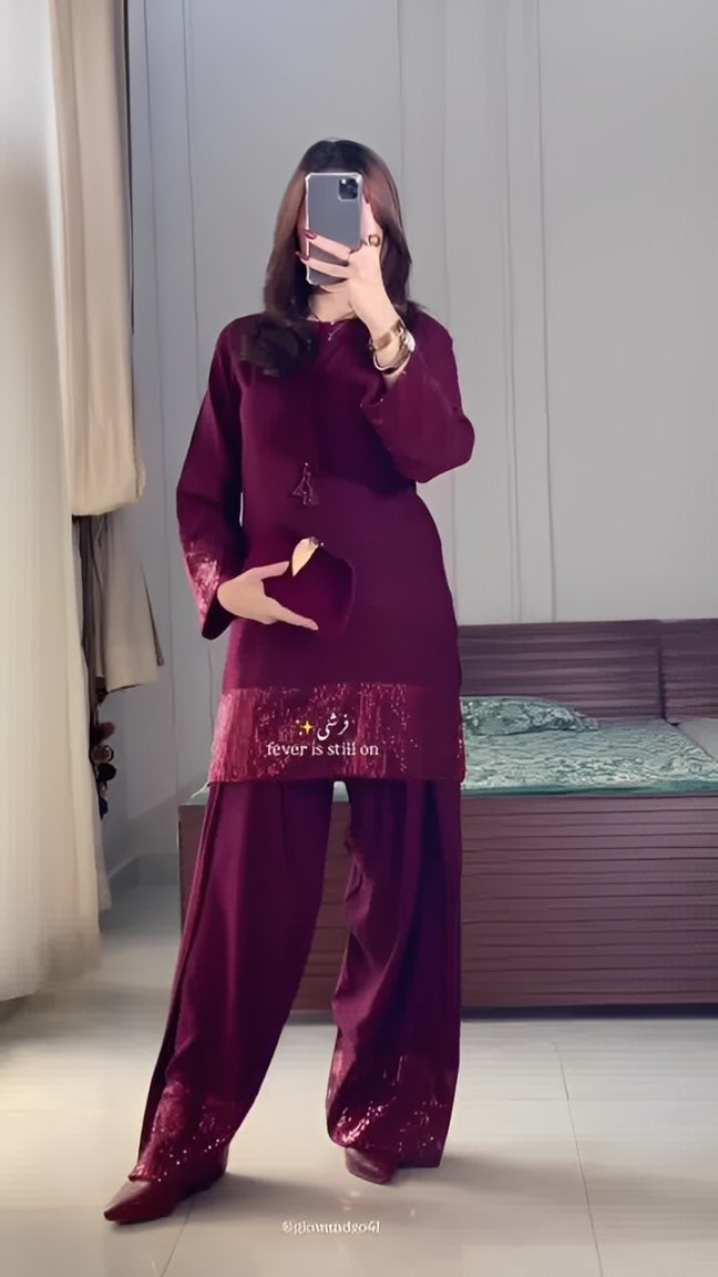 Women's Maroon Silk & Sequin Farshi Dress (02 Piece)