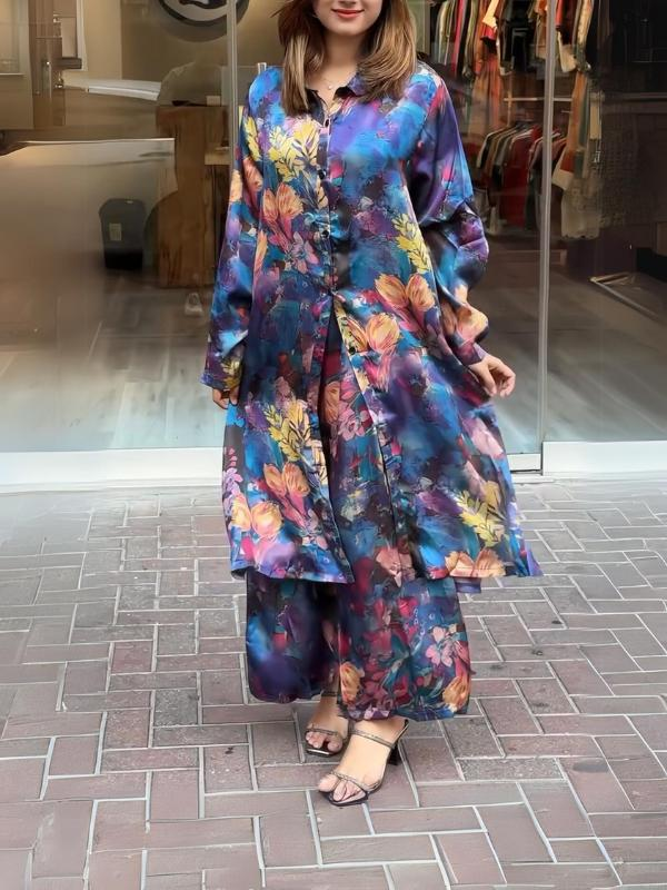 Women's Blue Lapel Button-Down Printed Dress (02 Piece)