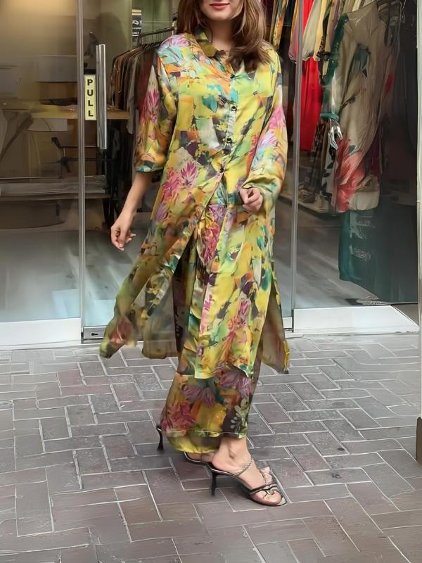 Women's Golden Lapel Button-Down Printed Dress (02 Piece)