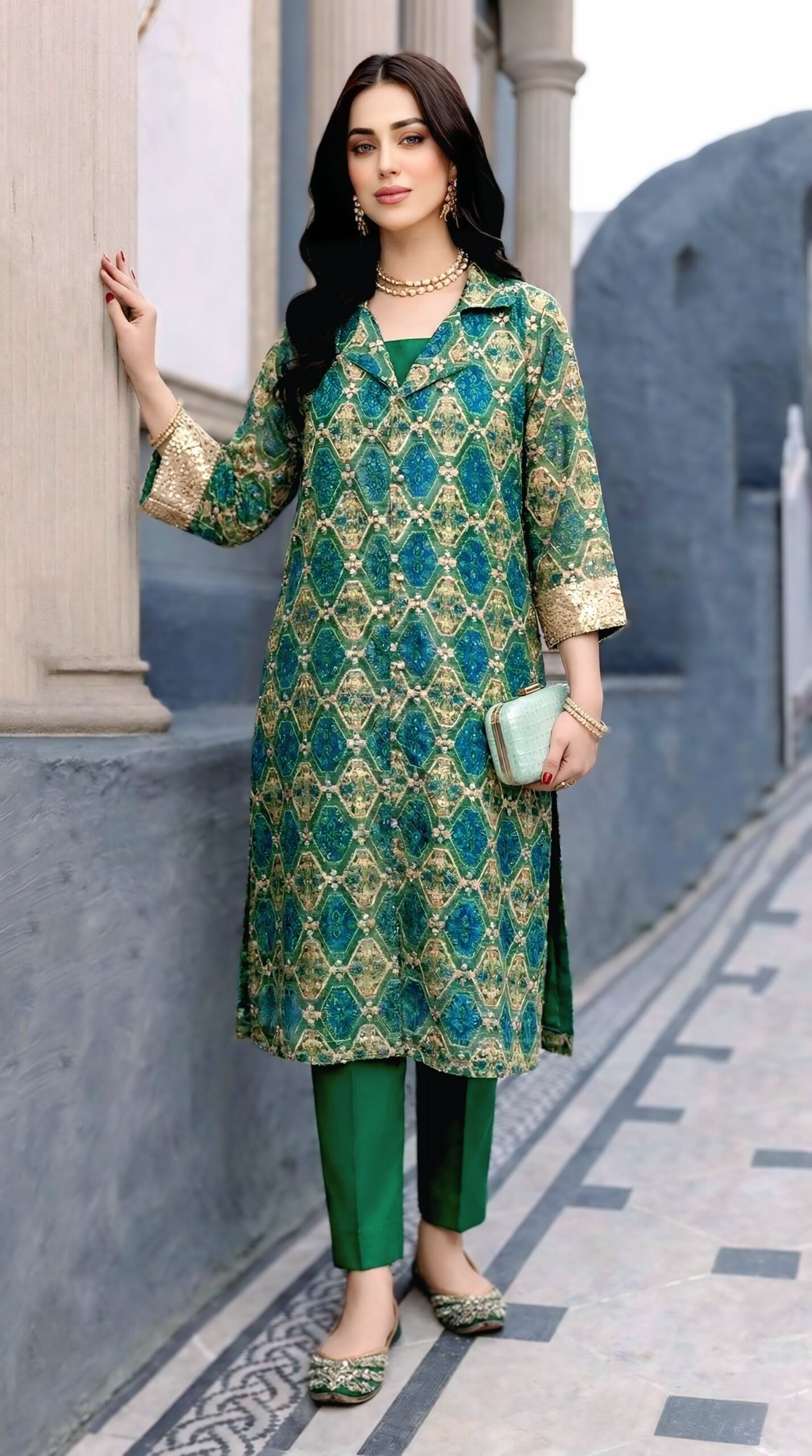 Greenish Chicken Kari Coat Style Dress