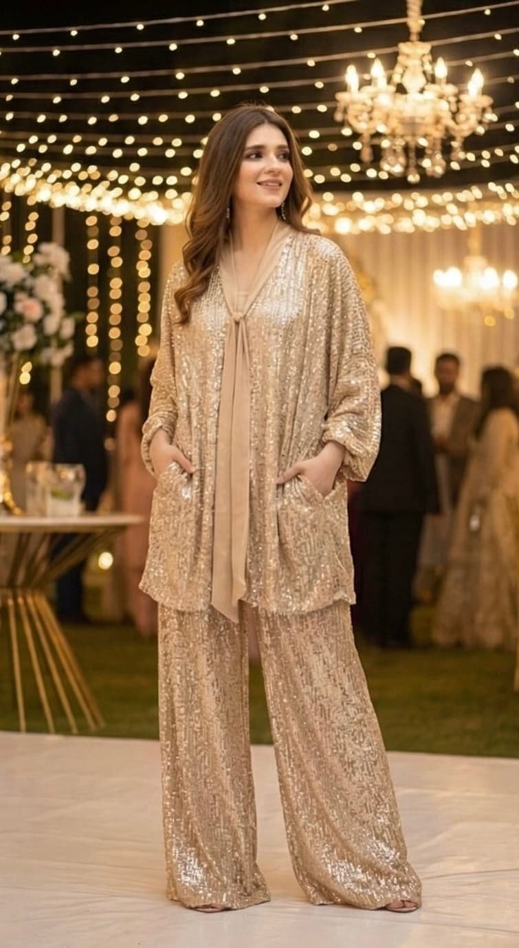 Women's Cream Sequin Party Co Ord Set