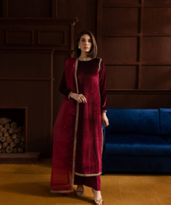 Women's Maroon Velvet Dress (03 Piece)