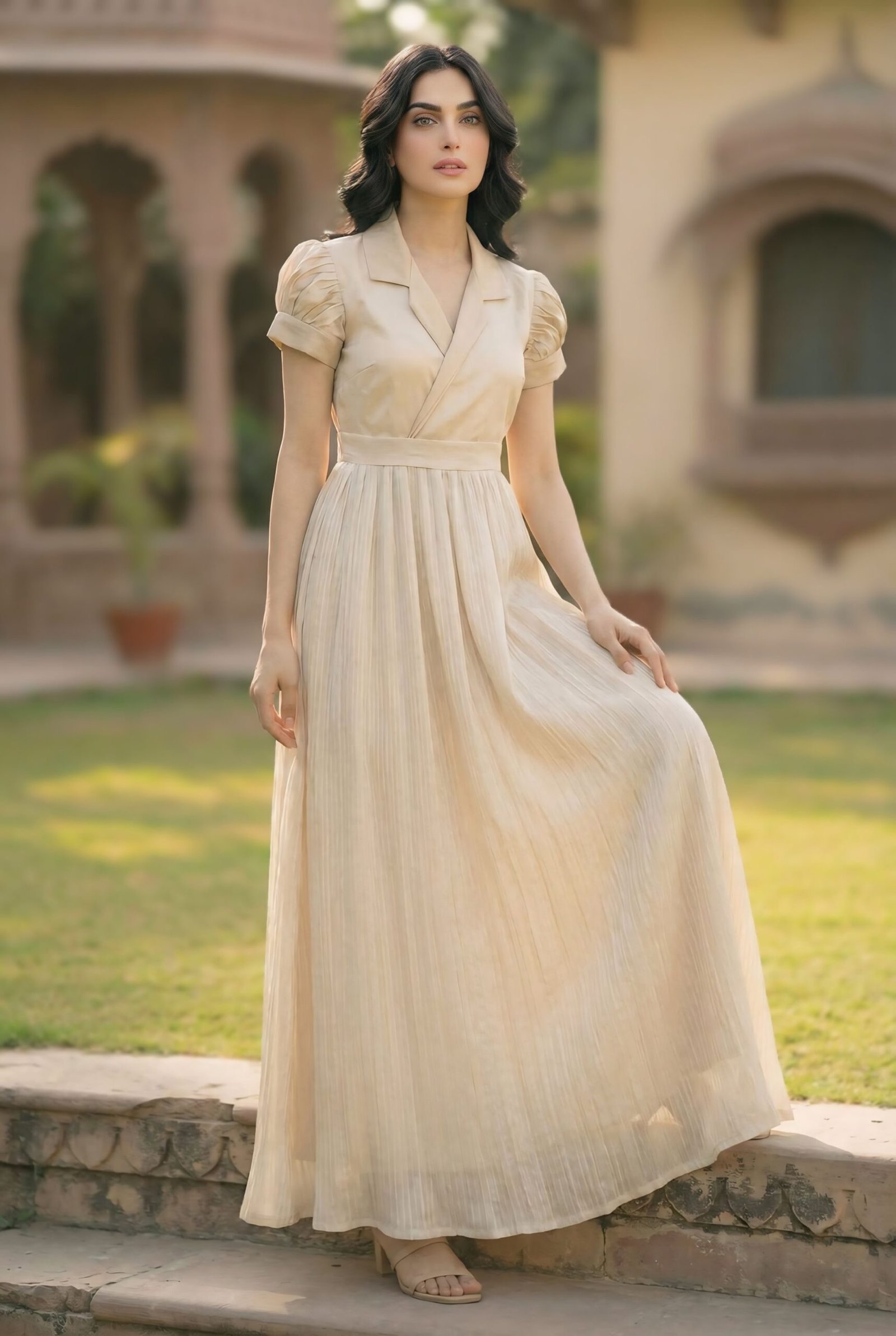 Beige Platted Coat Collar Style Maxi