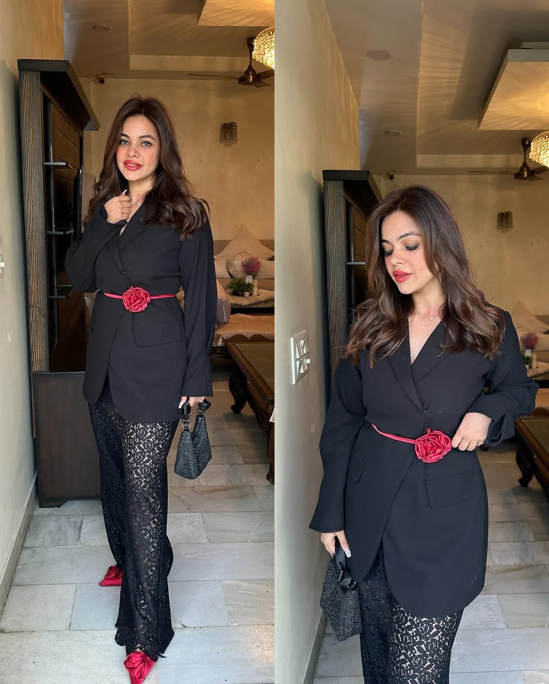 Black Coat Style Red Rose Dress