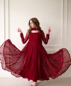 Reddish Maroon Chiffon Maxi With Duppatta