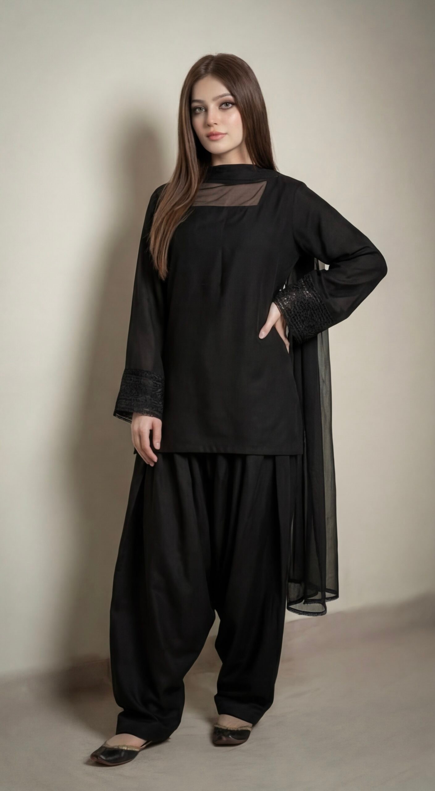 Black Stylish Farshi Dress (03 Piece)