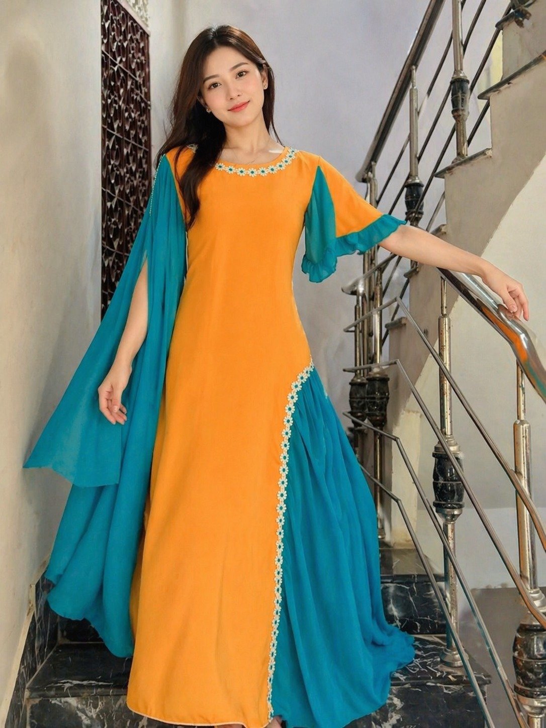 Color Contrasted Stylish Cuts Dress